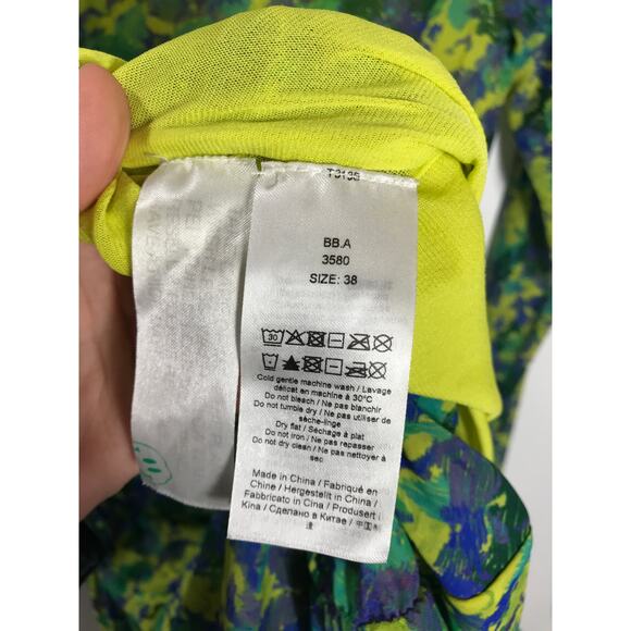 GANNI Ruched Mesh Dress Sulphur Spring Green Yellow Floral Midi 38 Wedding Guest - Picture 11 of 14